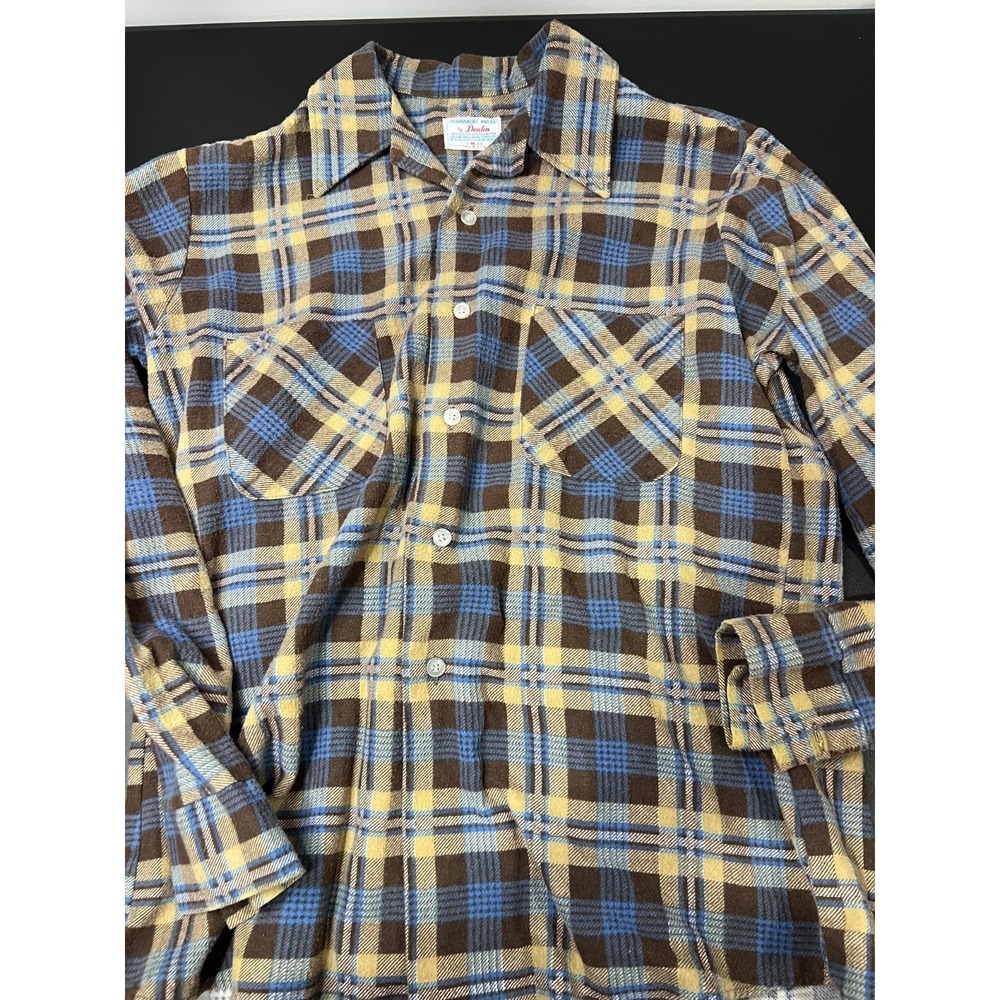 Vintage Permanent Press by Donlin Plaid Flannel Shirt Mens Medium Brown Blue USA